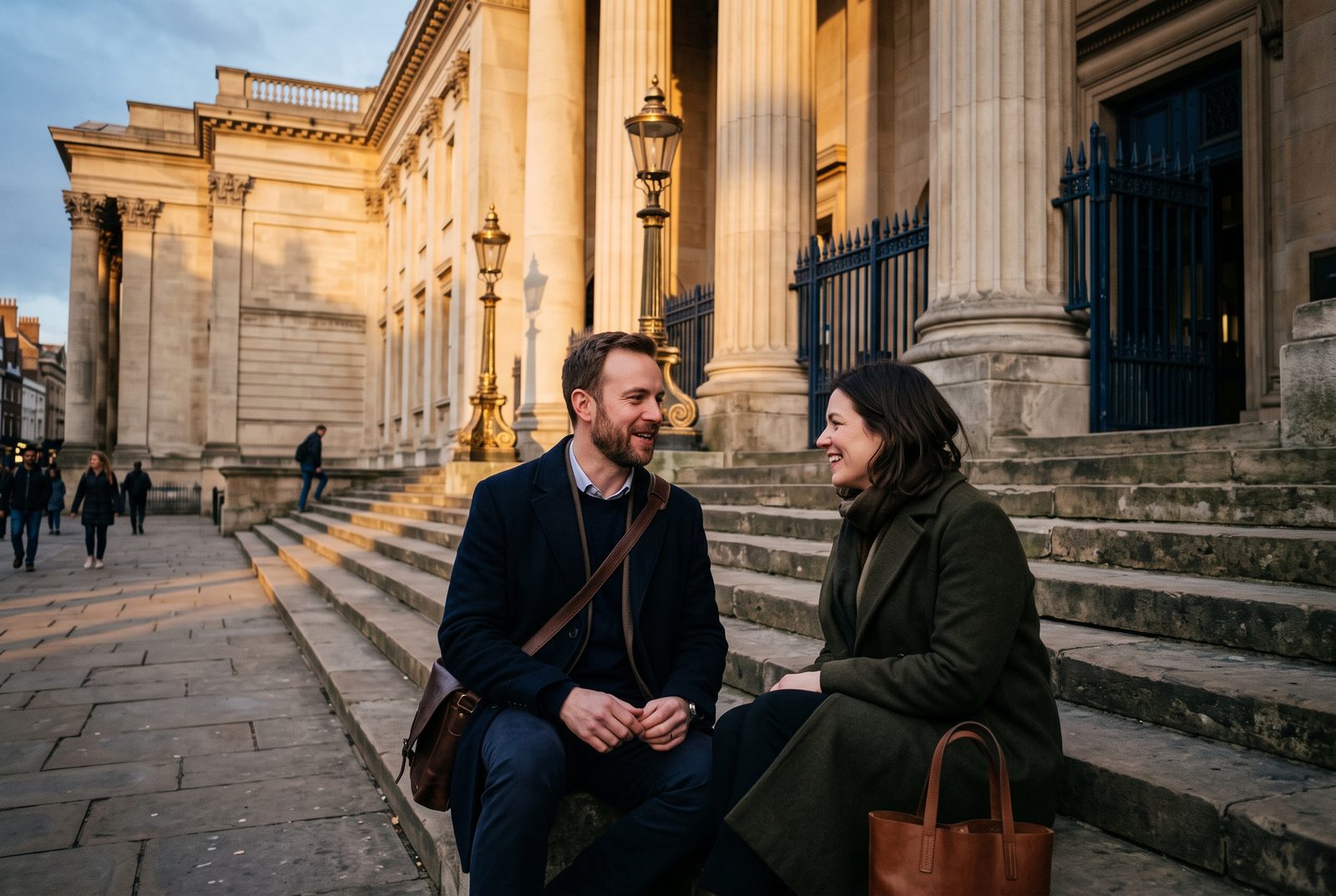 A man and a woman talking on stone steps at golden hour