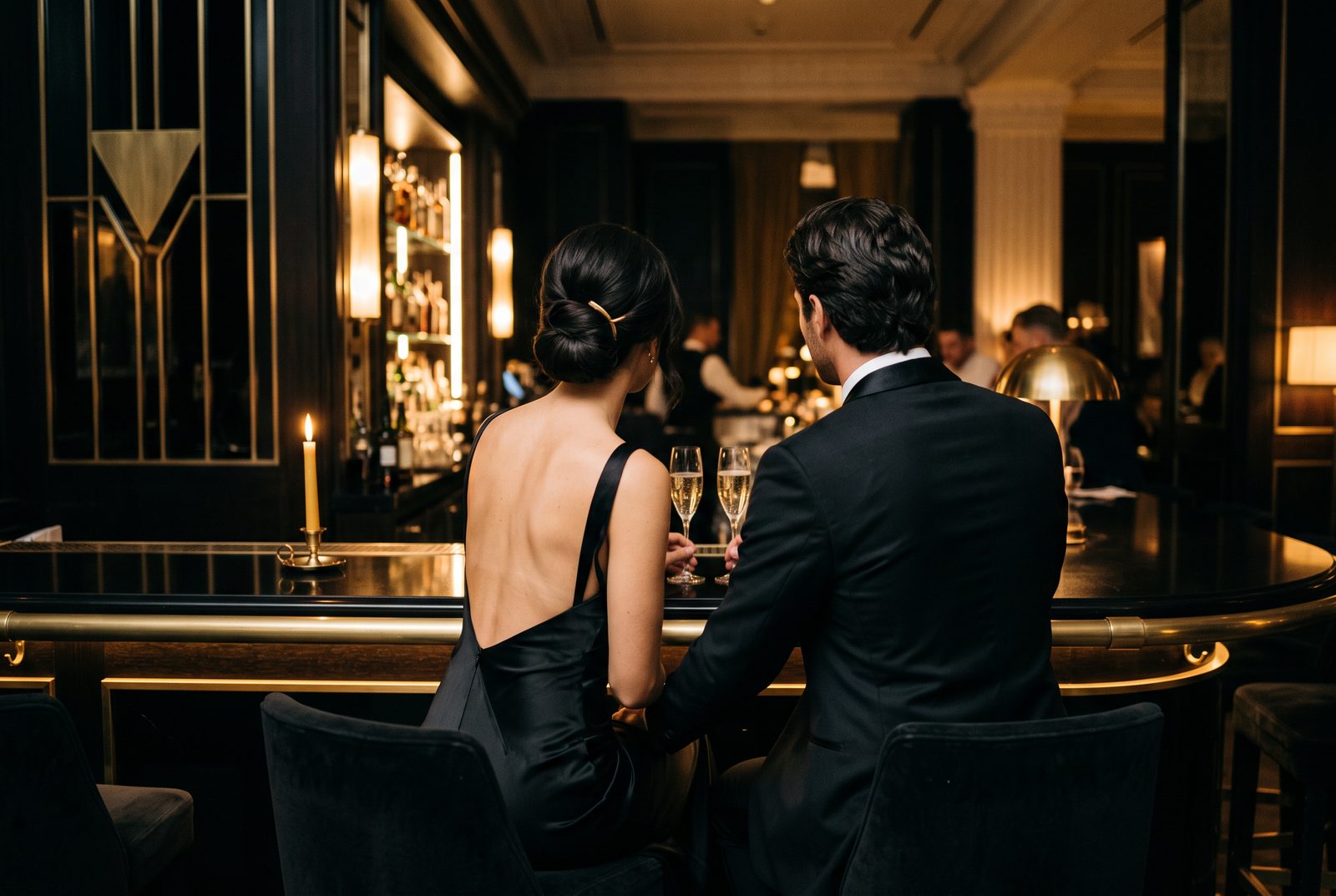 A couple in evening wear at a dim hotel bar