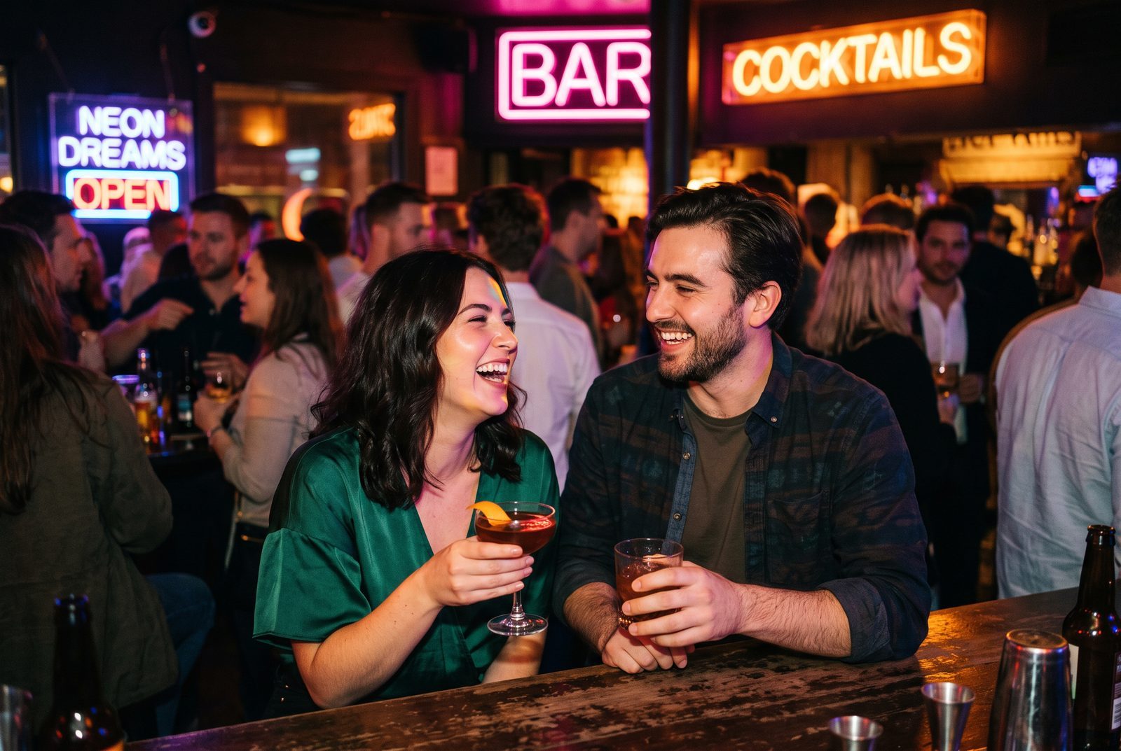 Two people laughing at a neon-lit bar