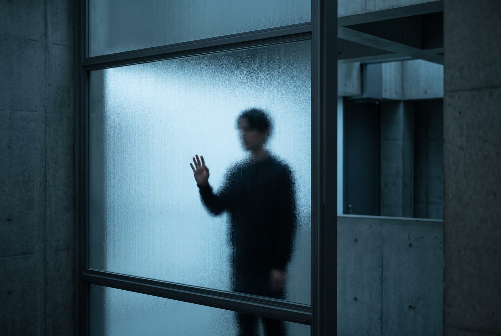 A person seen through frosted glass in cool blue light