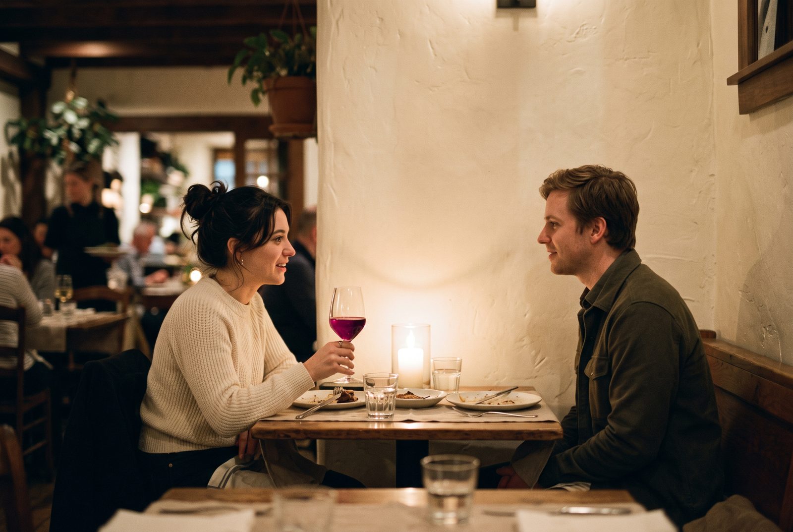 Two people at a quiet dinner table, seen from across the room