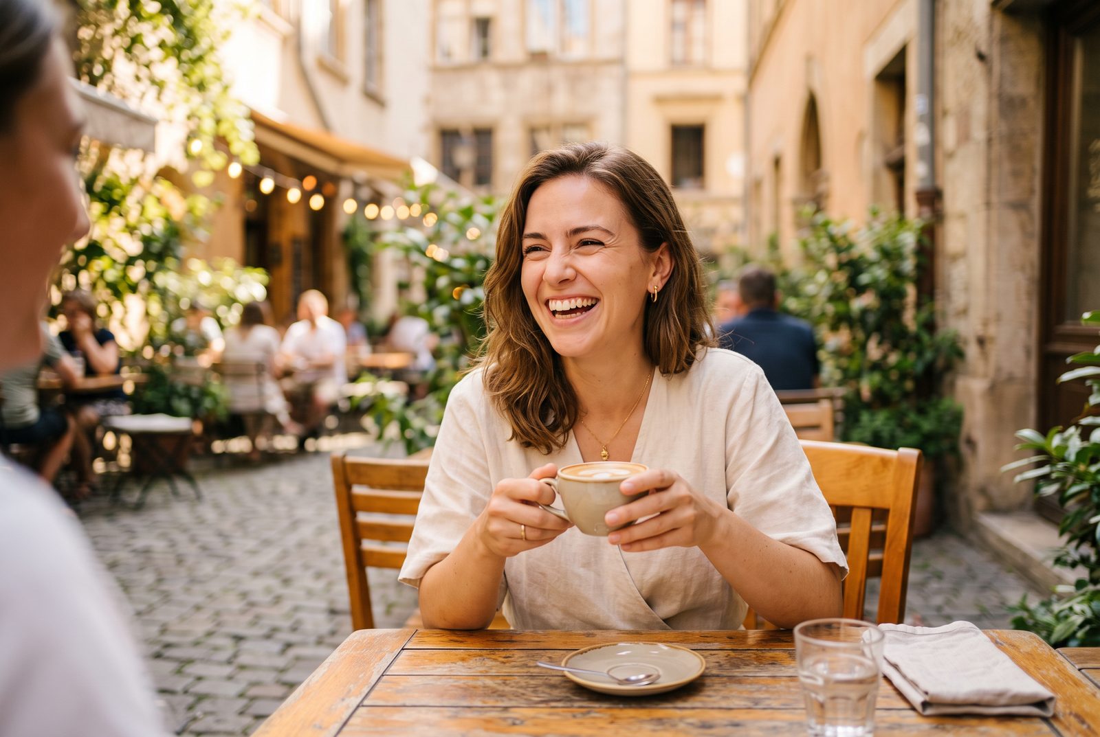 A woman laughing on a sunlit café terrace